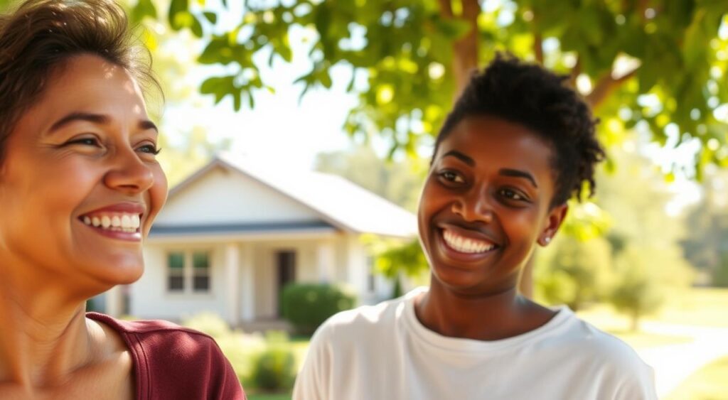 A serene, sunlit scene depicting the benefits of social programs for low-income families. In the foreground, a mother and child smile warmly, their faces radiating contentment. The middle ground shows a modest but comfortable home, surrounded by lush greenery. In the background, a community center or government office stands, symbolizing the accessibility and support of social services. The lighting is soft and natural, creating a feeling of hope and security. The overall composition conveys a sense of harmony, prosperity, and the positive impact of social welfare initiatives on the lives of those in need.