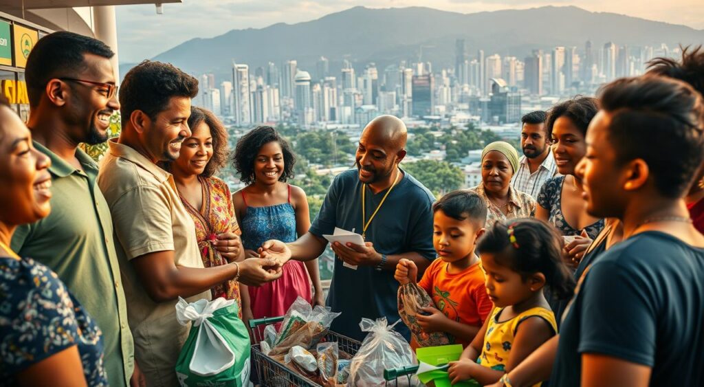 A vibrant, dynamic scene capturing the social impact of the Auxílio Brasil program on the Brazilian population. In the foreground, a diverse group of people, their faces alight with hope and gratitude, gathered around a central figure distributing financial assistance. The middle ground showcases the tangible effects of the program, with families shopping for essentials, children playing, and a sense of community and empowerment permeating the environment. In the background, the bustling city skyline serves as a backdrop, representing the broader societal transformation enabled by this landmark social welfare initiative. Soft, warm lighting illuminates the scene, conveying a sense of compassion and progress. The overall composition evokes a powerful narrative of the program's transformative impact on the lives of the Brazilian people.