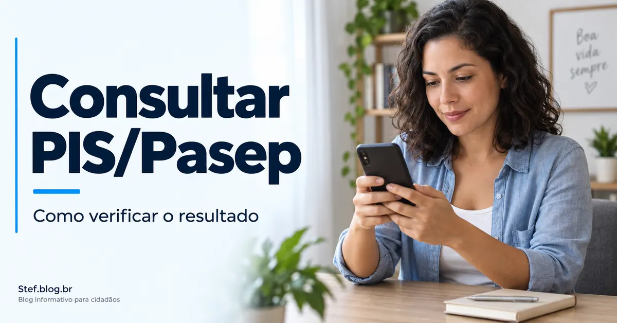 Mulher consulta informações no celular, ao lado do título Consultar PIS/Pasep